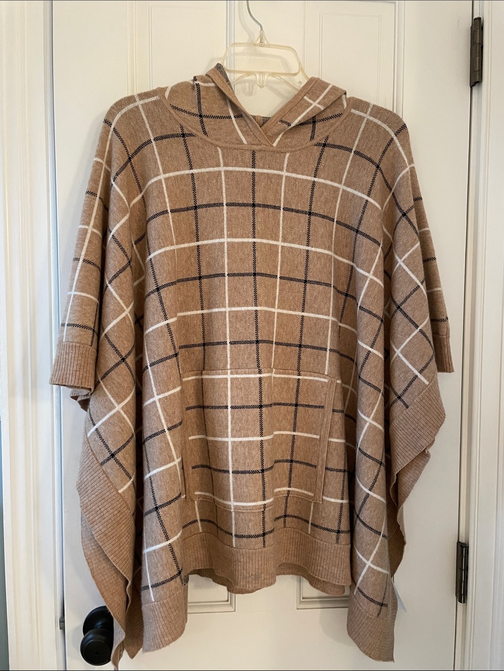 Tahari Beige Plaid Hooded Poncho